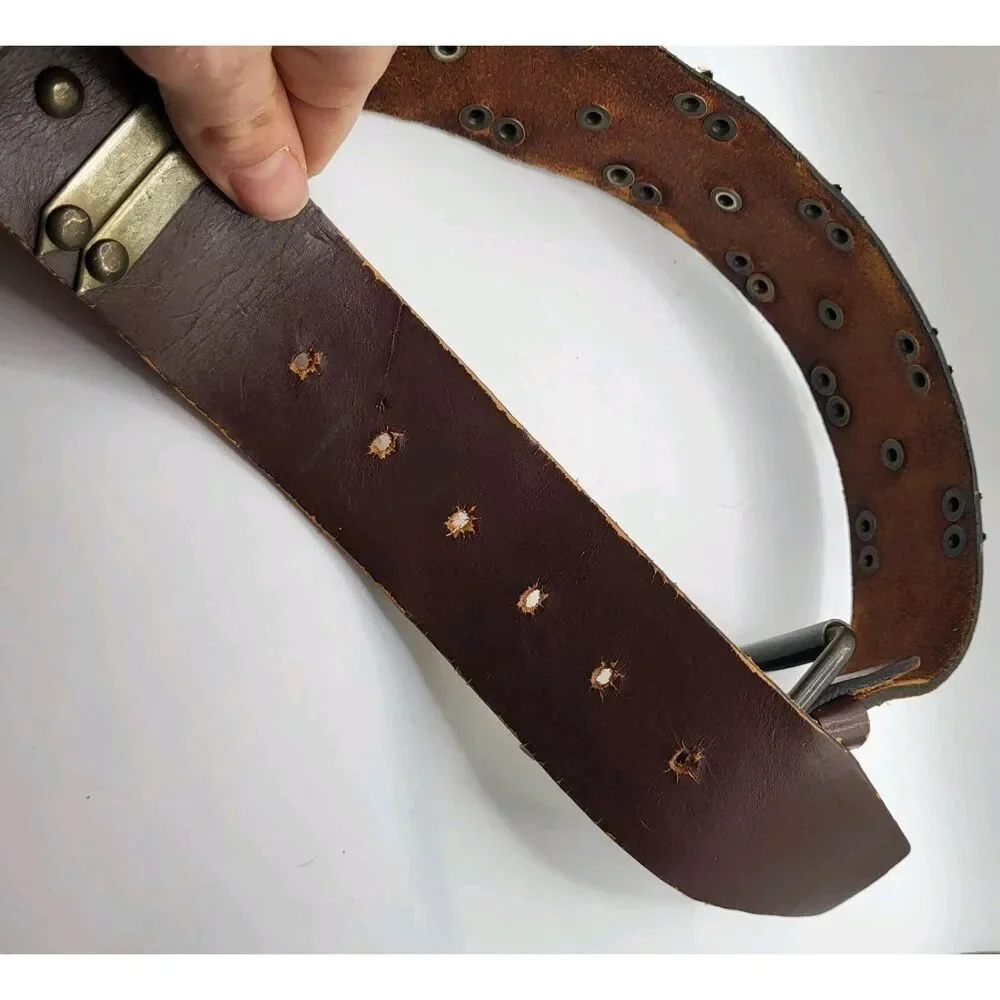 Bohemian Leather Belt With Brass Details Wide Small Length 27.5in to 32.5in